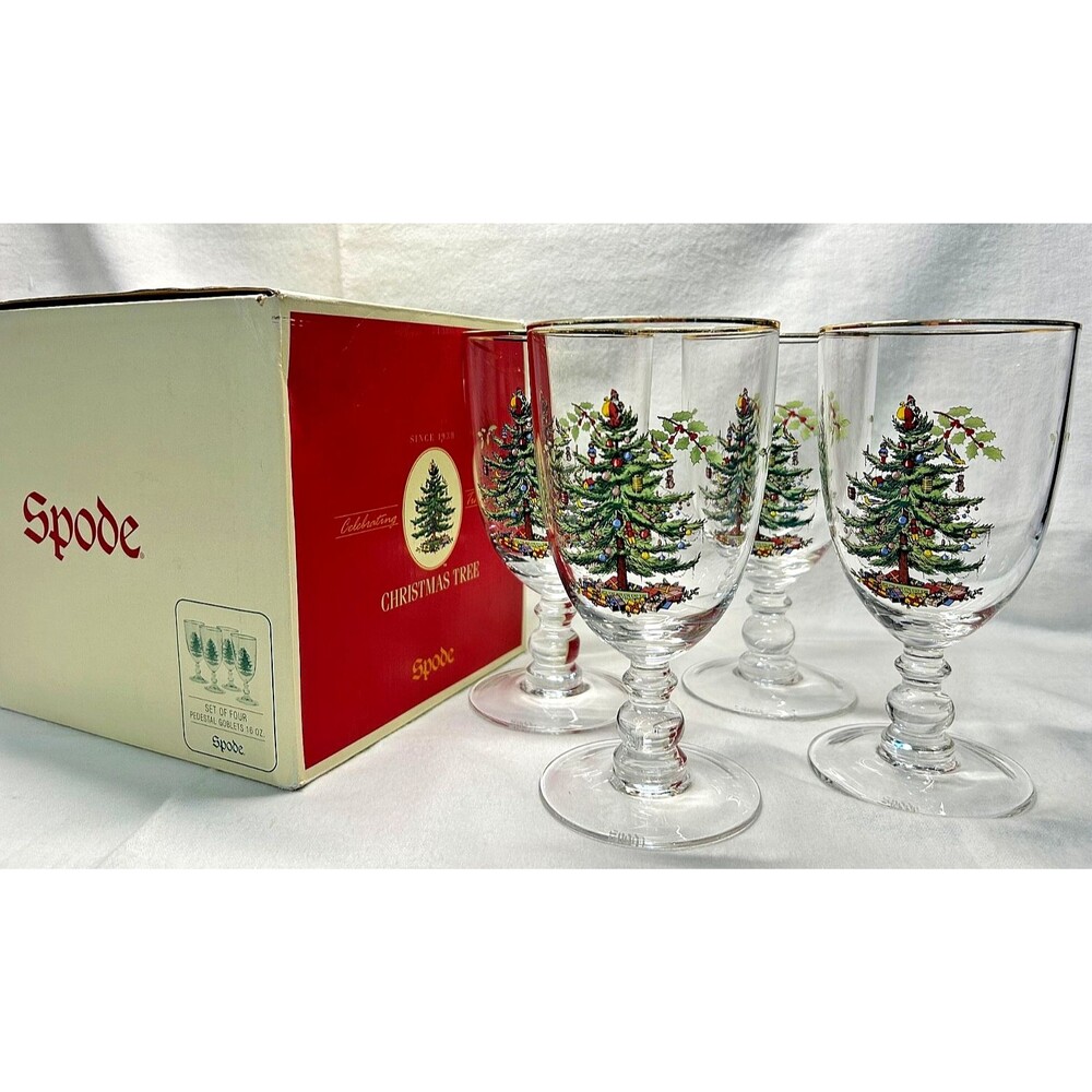 Spode Christmas Tree Set of 4 Gilded Pedestal Goblets 16oz Festive Holiday